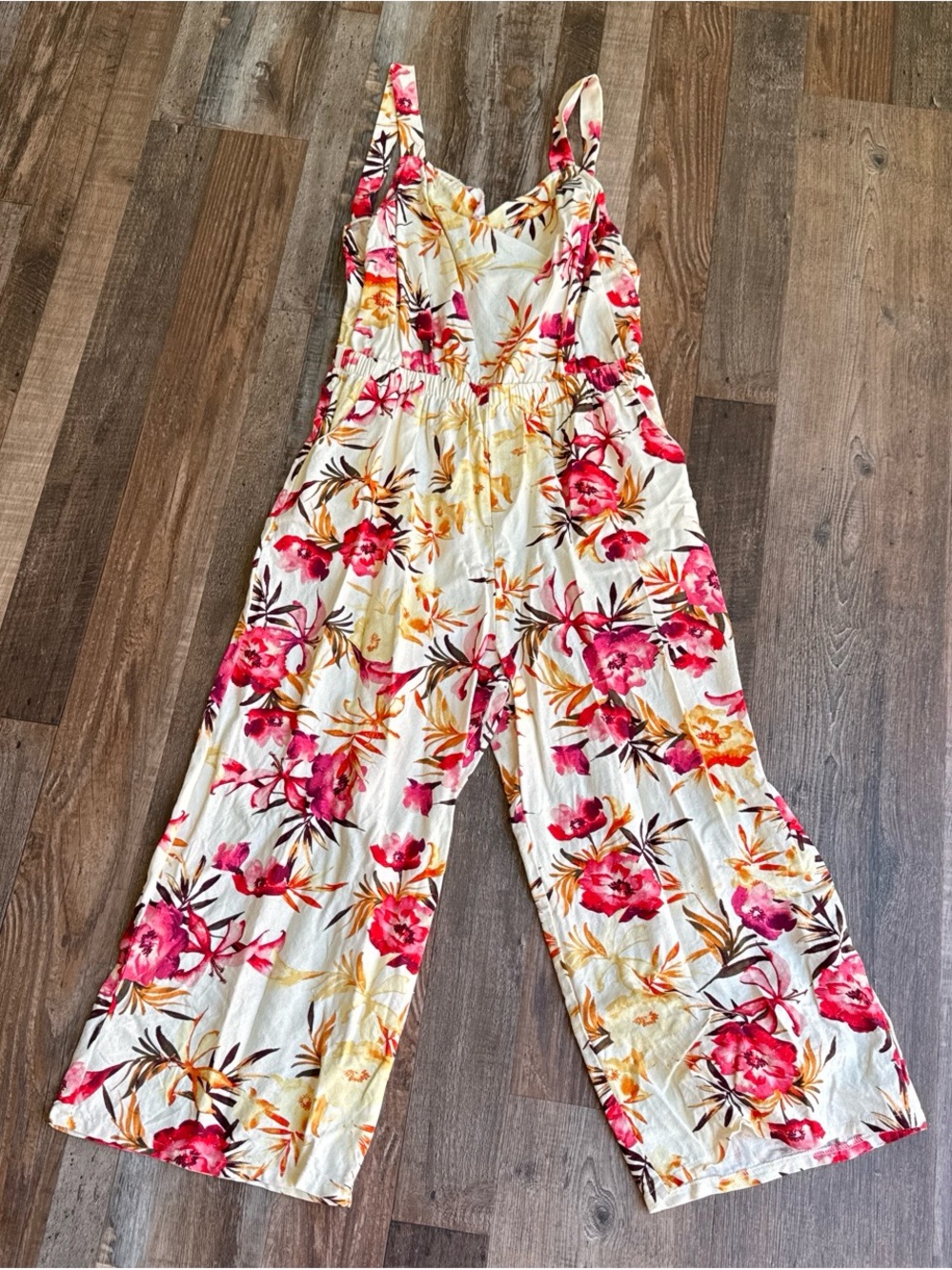 Floral Wide-Leg Jumpsuit – White with Pink & Yellow Floral Print